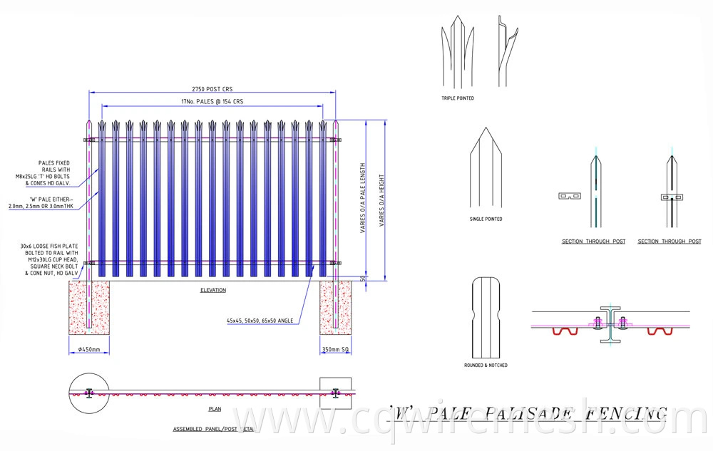 High Security W Pale Triple Pointed Hot Dipped Galvanized Steel Palisade Fencing